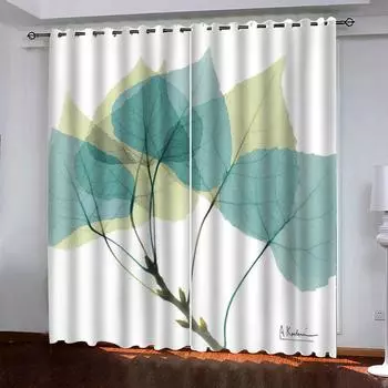 Children S Room Curtains 3D Creative Green Leaf Bedroom Blackout Curtains , Window Opaque Curtains For Living Room Decorative W70xH160cmx2&Grommet Top