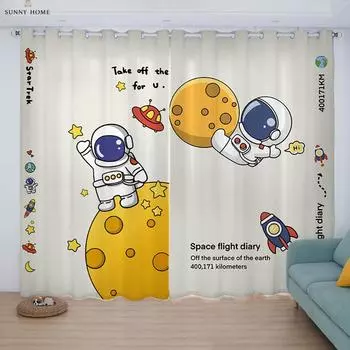 Children s Room Curtains Animation Cartoon Universe Astronaut Curtain Rod Pocket Living Room Kitchen Bedroom Decorative Curtains W50xH140(CM)x2PCS&Rod pocket