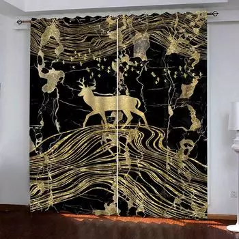 Children S Room Curtains Gold Line Art 3D Design Luxury Girl Window Curtains For Living Room Bedroom Home Decor Fashion W70xH160cmx2&Grommet Top