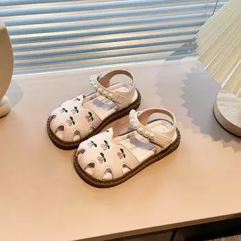 Children s Sandals Summer Sweet Girl Princess Dress Pearl Sandals Fashion Embroidery Kids Hanfu Flat Sandals Cut-outs Toe-capped 21 розовый