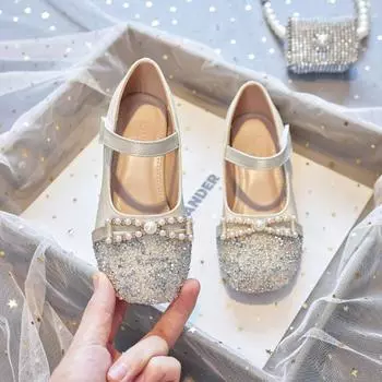 Children s Shoes with Heels Fashion Wedding Ceremony Party Leather Shoes for Girls with Rhinestones Pearl Kids Princess Shoes 34 абрикосовый
