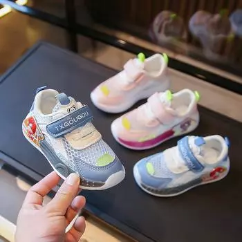 Детская обувь Весна Осень Новые туфли для девочек с мягкой подошвой и противоскользящим покрытием Сетчатые дышащие повседневные туфли с рисунком для мальчиков Спортивная обувь для тенниса 21 13.5cm синий