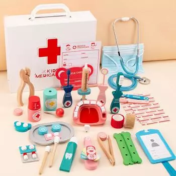 Children s Simulation Family General Practitioner Role Play Girl Auscultation Injection Medicine Box Wooden Set Toy 42.26 белый/зелёный