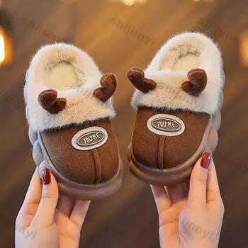 Children s Slippers Winter New Cartoon Warm Anti Slip Boys Girls Indoor Comfortable Platform Reindeer Baby Plush Cotton Shoes 22 23inner14.5CM кофейный