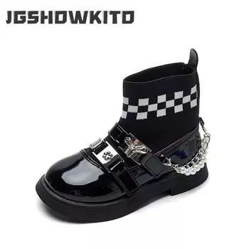 Children s Socks Shoes 2024 Spring and Autumn New Girls Checkerboard Soft Bottom Korean Casual Chain Kids Fashion Unique Boots 27 бежевый