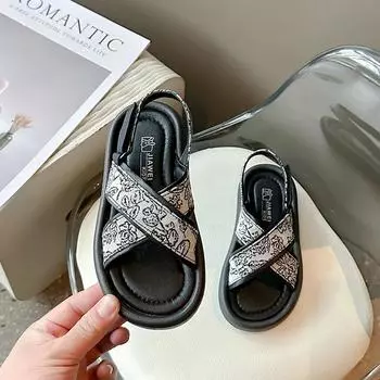 Children s Summer Sandals Retro Style Girls Soft Bottom Beach Sandals Fashion Causal Cross-tied Kids Ethnic Sandals Breathable 23 хаки