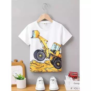 Детская футболка Детская одежда Футболки с рисунком экскаватора Футболки с коротким рукавом Летняя одежда для мальчиков Одежда с круглым вырезом для малышей 100