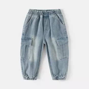 Children s tooling jeans boys autumn new trend big pocket pants medium and small children s trousers 90cm джинсовый синий