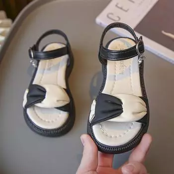 Детские универсальные летние новые плиссированные тканые сандалии с открытым носком в корейском стиле, простые детские модные сандалии, нескользящие, дышащие, балетки 23 чёрный