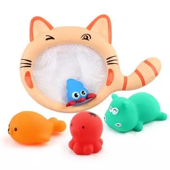 Children S Water Bath Toy Baby Kitten Fishing Net Cartoon Animal Set Bb Pinch Sound, Water Spray Model
