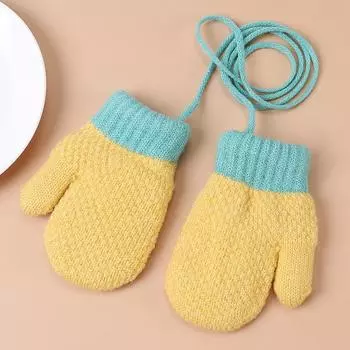 Children s Winter Plus Velvet Gloves Small Children s Bag Finger Halter Neck Yarn Warm Knitted Gloves Baby Solid Color Simple Gloves 2-4 years old