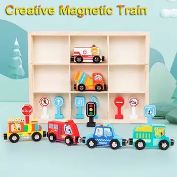 Детская деревянная машина скорая помощь пожарная полиция кареты навесной трек Томас магнитные дорожные знаки модель игрушки набор подарок на день рождения