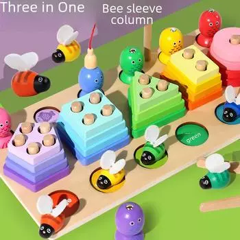 Children s Wooden Educational Toy Set: 3-in-1 Magnetic Fishing, Logarithmic Board & Geometry Columns
