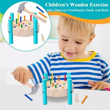 Children s Wooden Exercise Baby Hand-eye Coordination Hands And Brain Kindergarten Early Education Round Nail Hammering Table Educational Toy One Size