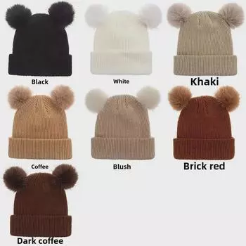 Children s Wool Knit Hat with Double Pom-Poms - Solid Color Warm Autumn/Winter Pullover Hat белый