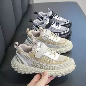 Children Simple Breathable Spring New Mesh Sneakers for Boys Non-slip 2024 Girls Fashion Kids Hook & Loop Sport Shoe for Running 27 бежевый