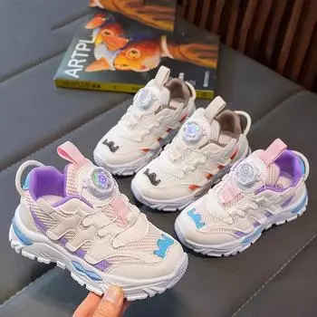 Children Sneakers with Rotating Buttons Girls Running Shoes Mesh Breathable 2024 New Fashion Kids Sports Shoes Thick Soft Sole 26 фиолетовый