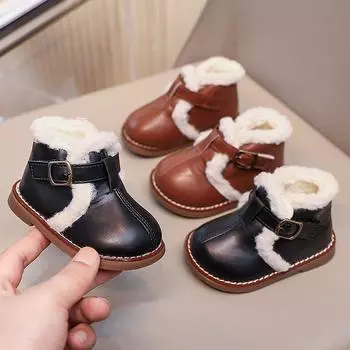 Children Snow Boots Boys Girls Leather Boots Thick Warm Plush Fur Non Slip Britain Style Kids Fashion Boots 2024 Winter New 15 коричневый