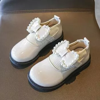 Children Soft Sole Fashion Performance Shoes Girls Leather Shoes 2024 New Spring&Autumn Simple Pearl Bow British Princess Shoes 21 чёрный