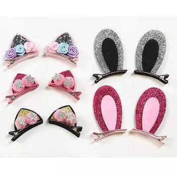 Children Stereoscopic Kids Cat Ears Cute Hair Clips Headwear 2pcs/Pair Sequins Bunny Barrettes For Girls Bow Flowers Hairball Felt Fabric Unique 01