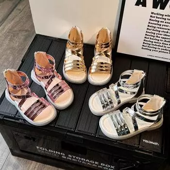 Детские летние сандалии Летняя мода для девочек Глянцевые сандалии-гладиаторы для принцессы Однотонные детские повседневные сандалии с крестиком на плоской подошве 23 золотой