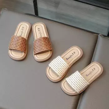 Детские летние тапочки, модные тапочки для девочек, плетеные тапочки для принцесс, мягкие и удобные, с открытым носком, в праздничном стиле, для детей, классная пляжная обувь 26 коричневый