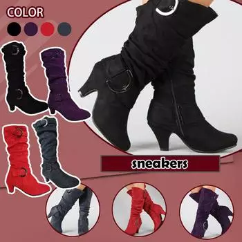 (Чилили)Сапоги для женщин. Зимние и осенние высокие сапоги с пряжкой на молнии и ремнем. 36 чёрный