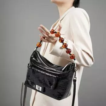 Chinese Beaded Chain Crossbody Shoulder Bag Women s Vintage Oil Wax Leather Pleated Handbag чёрный