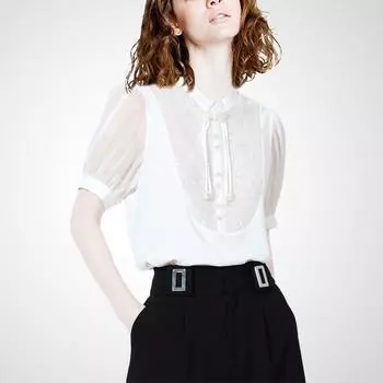 Chinese Button Knots Tencel Sequin Shirt Women 2025 Summer Thin Classy Stylish Stand Collar Short Sleeve Chic Tops Beige L