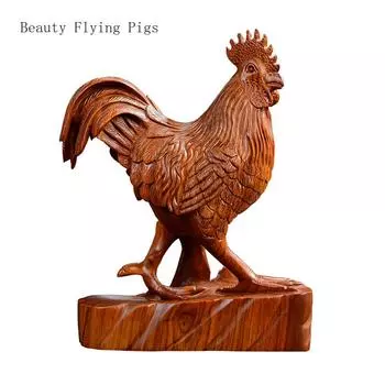 Chinese Classical Yellow Flower Pear Wood Carving Big Rooster Decoration Living Room Office Redwood Crafts Animal home decor