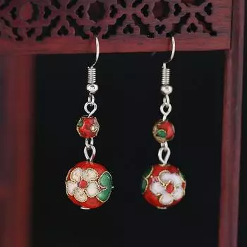 Chinese cloisonne retro round bead earrings handmade silk enamel earrings simple antique cheongsam earrings female 12mm