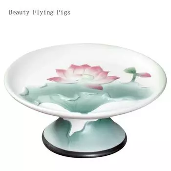 Chinese creative ceramic lotus offering tray, home Buddhist temple offering Guanyin fruit tray feng shui