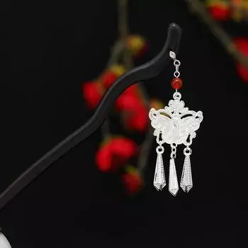 Chinese ebony hairpin seedling silver fringed hair accessories retro high-end disc hair wooden hairpin cheongsam headdress women