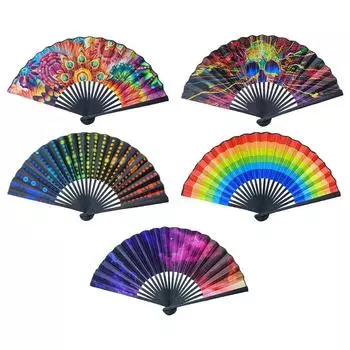 Chinese Folding Fan Art Craft Gift Wedding Dance Hand Fan DJ Colourful Rainbow Skull Pattern Handheld Fans Home Decoration