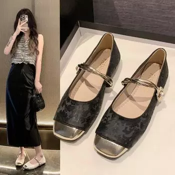 Chinese French Mary Jane shoes 2025 new spring style versatile temperament shallow mouth one word square head beanie shoes 35 абрикосовый