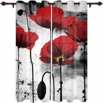 Китайская живопись тушью, усовершенствованные серо-красные цветы, занавески для окон для мальчиков и девочек, шторы для гостиной 100W160H(CM)40x63in&Hook