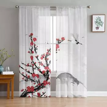 Chinese Ink Painting Plum Crane Flower Art Sheer Curtains for Living Room Decor Window Curtains Kitchen Tulle Voile Curtains W135 x H115cm x1