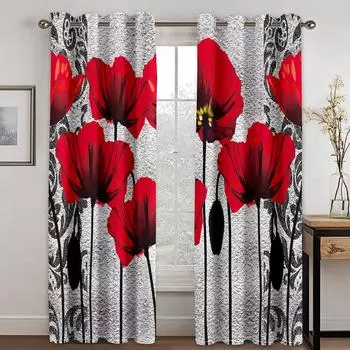 Chinese Ink Painting Window Curtains for Boys and Girls, Advanced Grey Red Flowers, Living Room Bay Drapes 100W160H(CM)40x63in&Hook