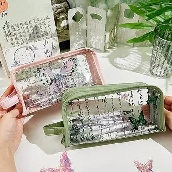 Chinese Ink Style Zippered Pencil Bag Large-Capacity Pencil Holder Stationery Storage розовый