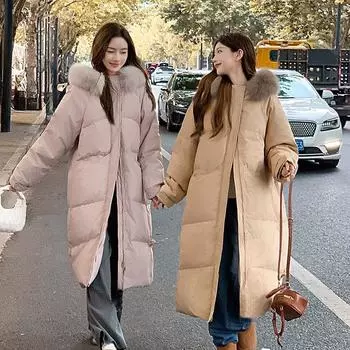 Китайский узел 2024 Новый стиль большой меховой воротник пуховое хлопковое пальто для женщин зимой толстое средней длины и свободное до колена хлопковое пальто с подкладкой S розовый