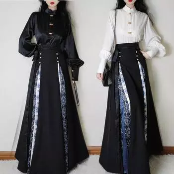 Chinese Ming Dynasty Style Hanfu Daily Commuter Stand Collar Horse-face Skirt Suit, Improved Temperament Two-piece Set L чёрный