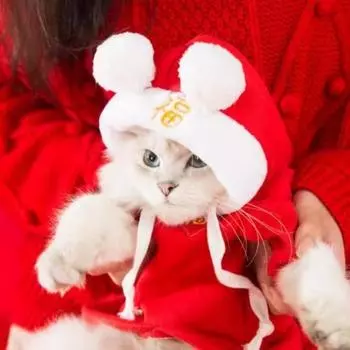 Chinese New Year cat clothes cute double hairball festive cat and kitten New Year s greeting hooded dog thin velvet pet sweater M (recommended weight 5-4kg)