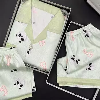 Женская пижама из саржи с принтом китайской панды, с коротким рукавом, с пуговицами и бусинами, женская домашняя одежда, повседневная, весенняя L