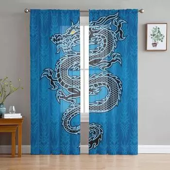 Chinese Style Black Dragon Blue Tulle Sheer Window Curtains for Living Room the Bedroom Modern Voile Organza Curtains Drapes W135 x H115cm x1&Rod Pocket