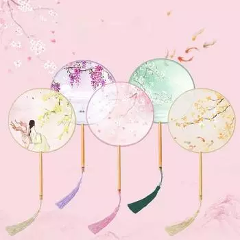 Chinese Style Dance Silk Fan Ink Painting Embroidery Fan Decorative Fans Round Hand Fan for Dance style N