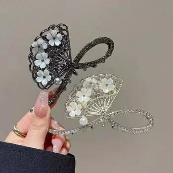 Chinese Style Fashion Elegant Pearl Flower Fan-shaped Hair Clip Retro Womens Personalized Decorative Styling Accessories Tools золотой