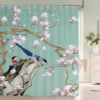 Chinese Style Flower and Birds Tree Shower Curtains Bath Curtain Waterproof Bathroom Decor With Hooks 3d Printing Bath Curtain W90xH180cm
