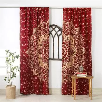 Chinese Style Golden Leaf Lotus Buddha Curtain, Home Bedroom Living Room Shade Curtain, a Set of Two Pieces 50W130H(CM)X2PCS&Grommet Top