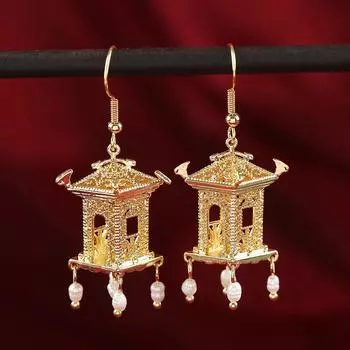 Chinese style ink pavilion retro court earrings personality temperament freshwater pearl three-dimensional fringed earrings women