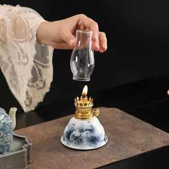 Chinese Style Kerosene Lamp Ornament Ceramic Ghee Lamps Study Bedroom Glass Unique Butter Lamp Vintage Decorations